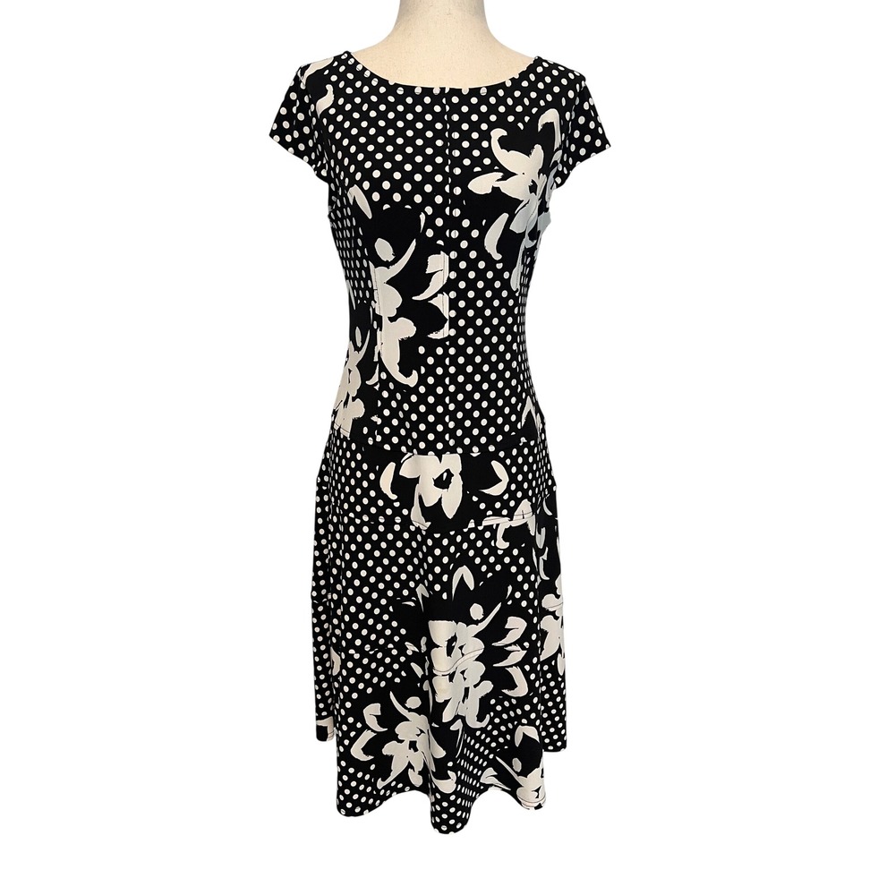 Joseph Ribkoff Womens 6 A-Line Dress Black White Floral Polka Dot Retro Mod Chic
